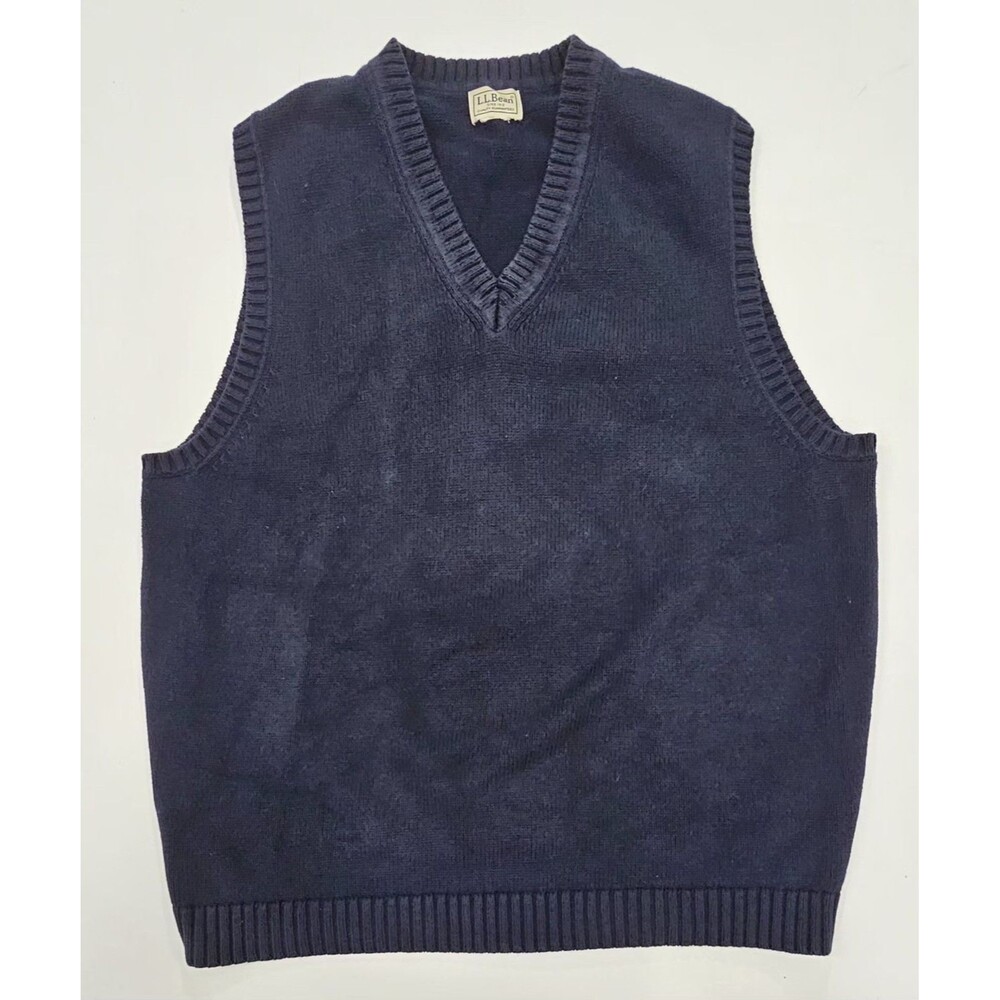 Vintage LL Bean Mens V Neck Sweater Vest Large Navy Blue Knit Cotton Wool Preppy